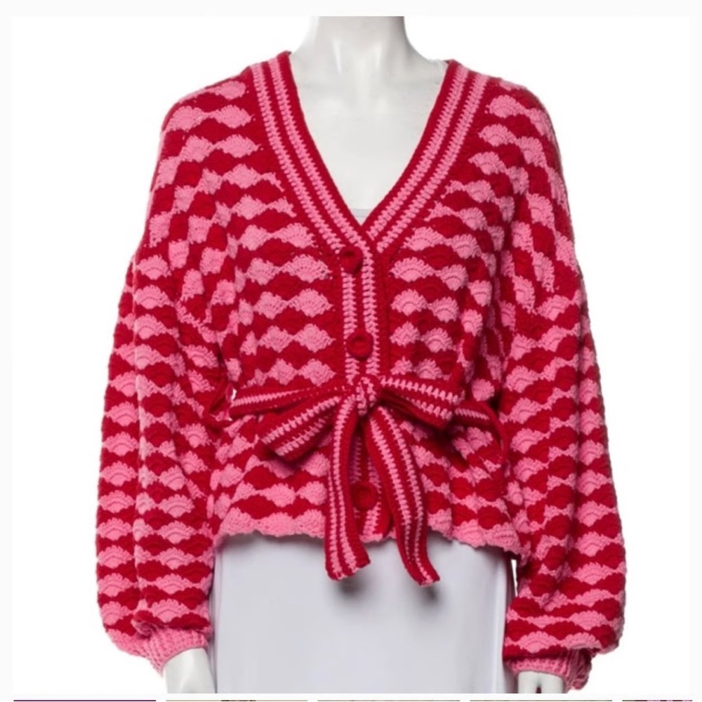 FARM RIO Pink/Red Fan Stitch Crotchet Tie Waist Sweater